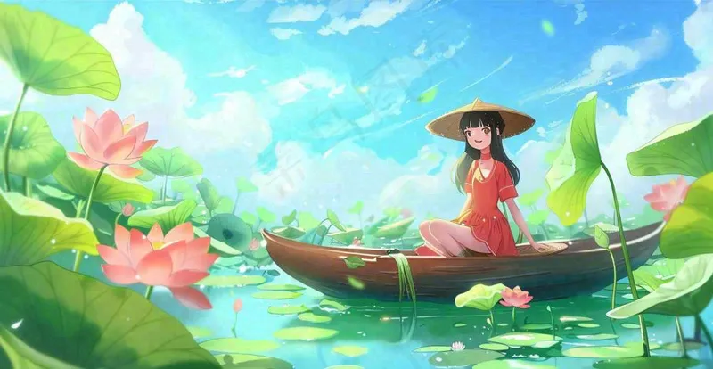 夏日荷叶荷塘女孩坐着船上大暑小暑夏天风景立夏卡通插画背景(1408x728)
