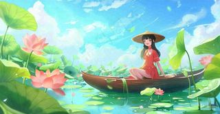 夏日荷叶荷塘女孩坐着船上大暑小暑夏天风景立夏卡通插画背景