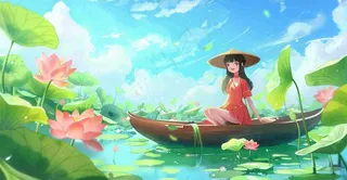夏日荷叶荷塘女孩坐着船上大暑小暑夏天风景立夏卡通插画背景