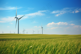 大草原风力发电蓝天白云摄影图