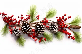 一串松果浆果松树枝松子白色背景摄影图