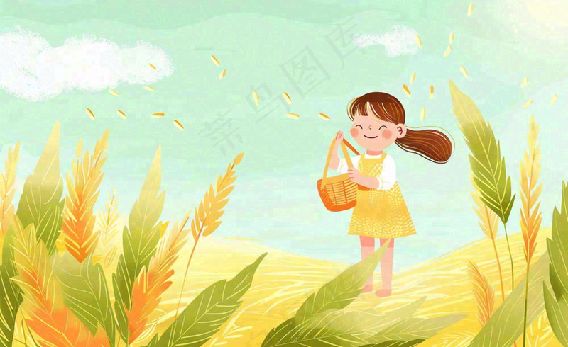 秋天丰收季节小麦稻田金色女孩抱着麦穗秋分立秋插画背景(1408x864)