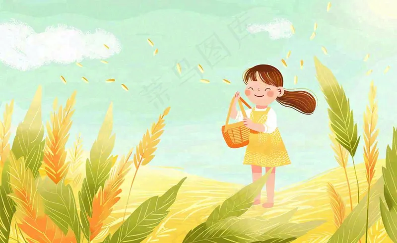 秋天丰收季节小麦稻田金色女孩抱着麦穗秋分立秋插画背景(1408x864)