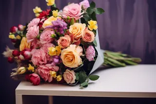 手捧花桌上的花束摄影图