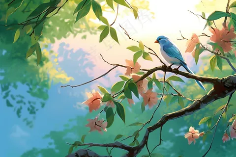 树枝上的小鸟古风卡通插画背景