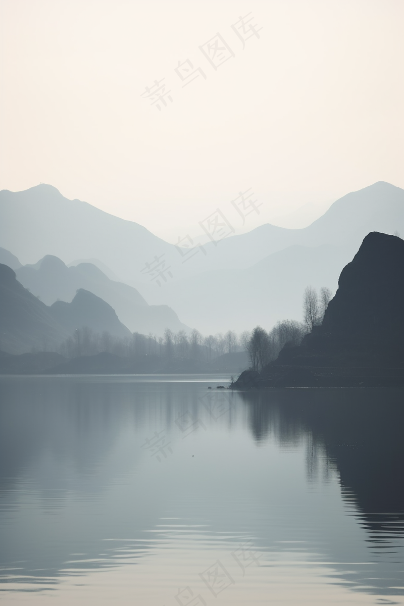 阴天山水倒影山水墨画古风背景黑白摄影图