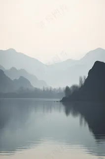 阴天山水倒影山水墨画古风背景黑白摄影图