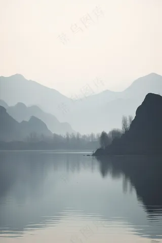 阴天山水倒影山水墨画古风背景黑白摄影图