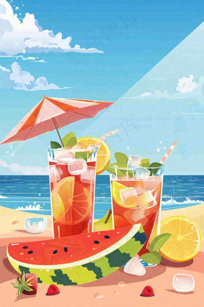 炎热夏日冰镇饮料饮品西瓜汁海边沙滩蓝天白云立夏夏至大暑小暑处暑卡通插画背景(896x1344)