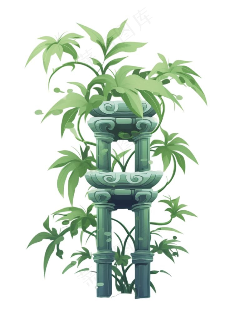 古迹上长满了藤蔓植物卡通插画免抠(944x1280)