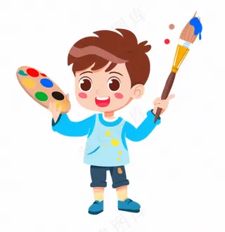 画画美术拿着颜料盘画笔的男孩学生人物卡通插画免抠