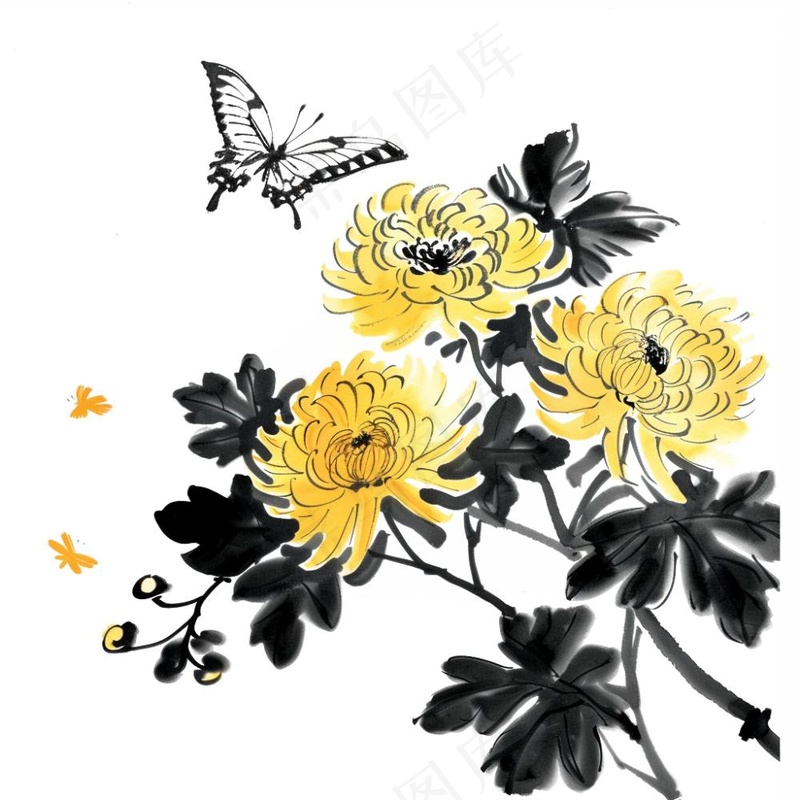 水墨菊花蝴蝶清明中秋插画免抠(1024x1024)