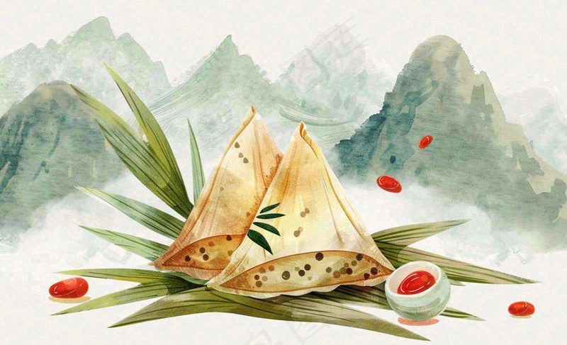 端午佳节粽子绿色青山国风插画水彩绘画背景(1392x848)