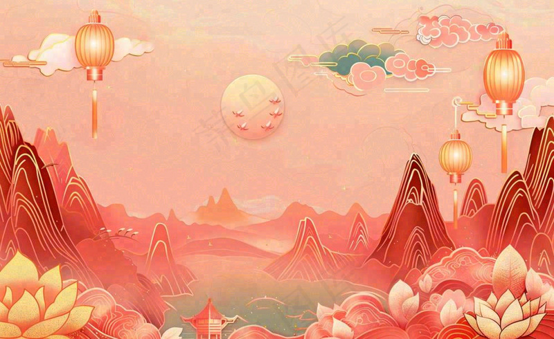 国潮风中秋重阳国庆祖国山河插画喜庆庆祝山水画背景(1408x864)