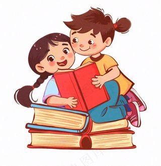 坐着书本上的学生阅读看书人物卡通插画免抠