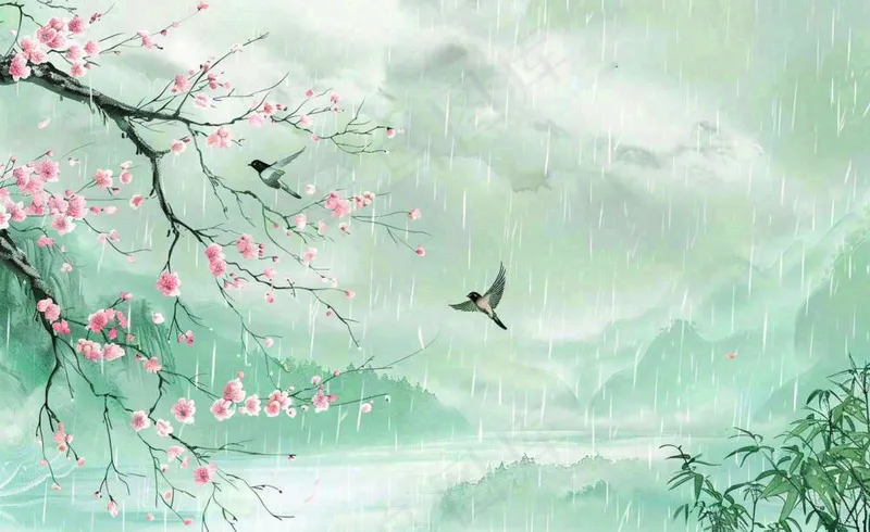 清明节春天桃花柳树燕子山水中国风古风雨水谷雨水墨插画背景(1408x864)