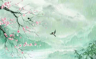 清明节春天桃花柳树燕子山水中国风古风雨水谷雨水墨插画背景