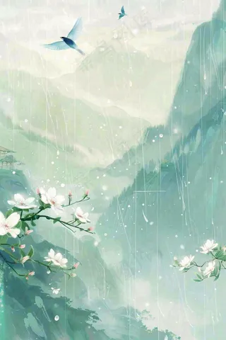 春天梅雨季山间燕子白花花朵雨水谷雨惊蛰寒露水墨插画背景