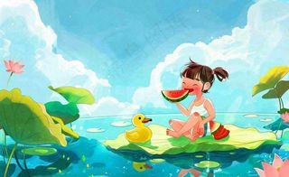 夏天池塘荷花荷叶上吃西瓜的女孩儿童清凉夏日立夏夏至小暑卡通插画背景