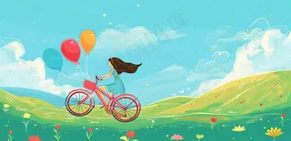 春夏踏青女孩骑自行车草原蓝天白云气球自由春分惊蛰卡通插画背景