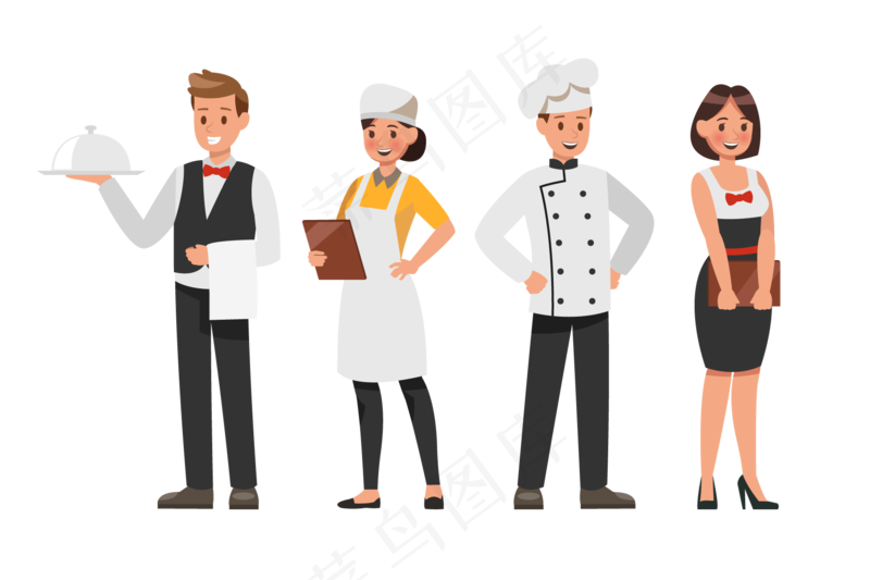 扁平风4个餐厅人员厨师服务员接待报菜PNG素材