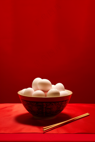 元宵生汤圆美食红色背景摄影图
