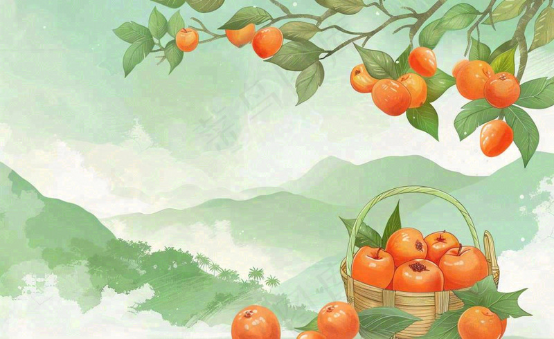 秋天丰收季果树成熟果篮橘子黄杏处暑立秋秋分卡通插画背景(1408x864)