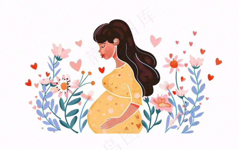 孕妇妈妈育儿鲜花拥促人物卡通插画免抠(1376x864)