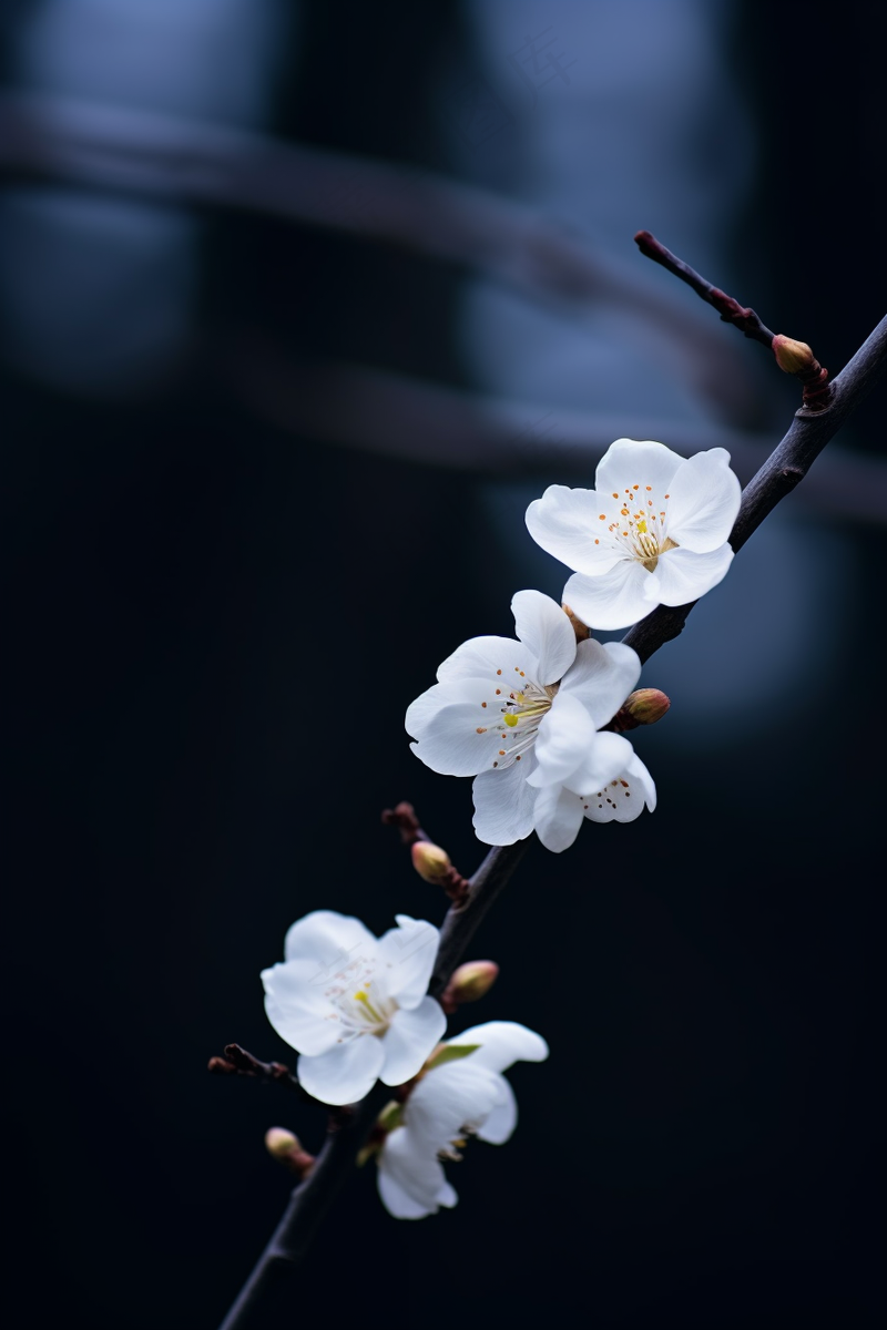 白梅冬季李子花梨花春天树枝抽新芽摄影图