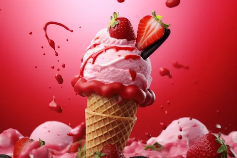夏日草莓冰淇淋清凉蛋筒甜点摄影图