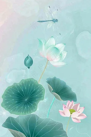 夏天小清新荷花荷叶静雅弥散风绿粉色蜻蜓立夏夏至处暑插画背景