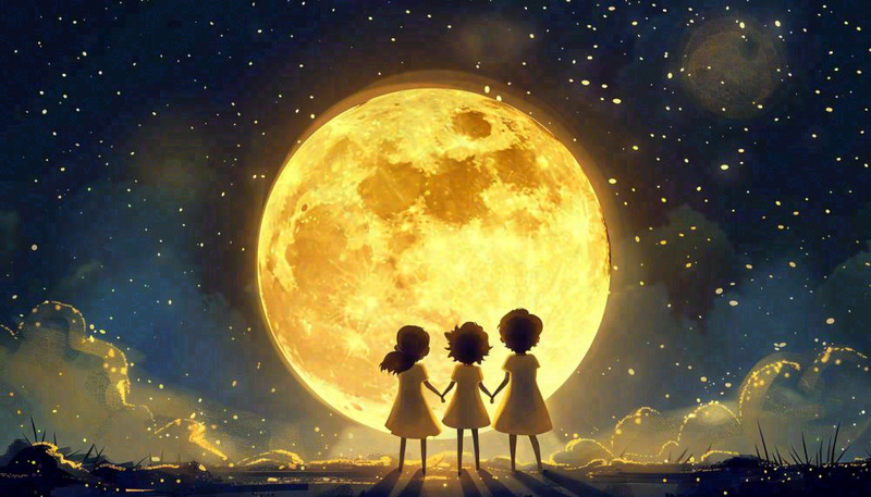 中秋满月小孩手拉手赏月治愈梦幻唯美月亮夜晚水彩插画背景(1456x832)