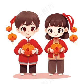 新年儿童拜年张灯结彩国潮春节红色手绘卡通插画免抠