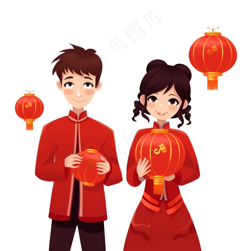 新年儿童拜年张灯结彩国潮春节红色手绘卡通插画免抠