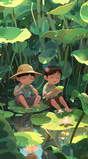 夏天池塘荷叶荷花下的儿童嬉水玩耍小清新绿色立夏小暑大暑夏至卡通插画背景