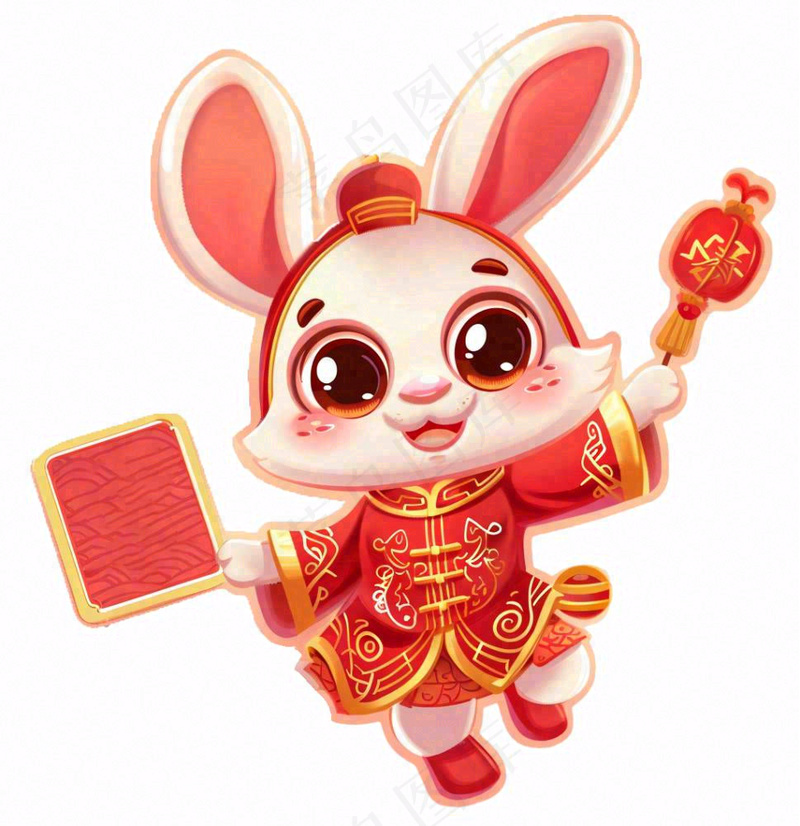 白兔兔年吉祥新年十二生肖红色喜庆卡通插画免抠(1024x1056)