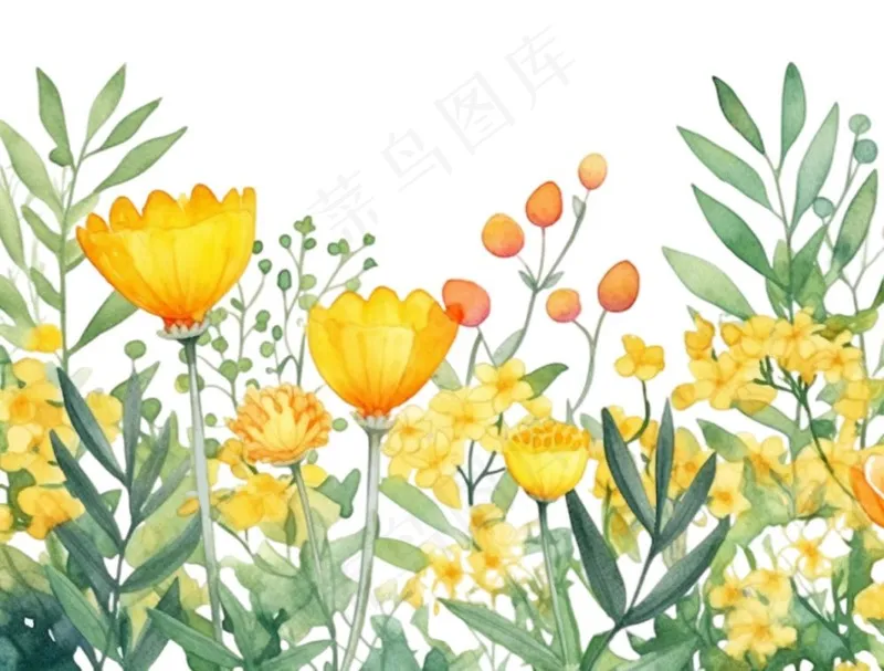 春季春天花草植物水彩鲜花花卉枝叶插画免抠(1264x960)