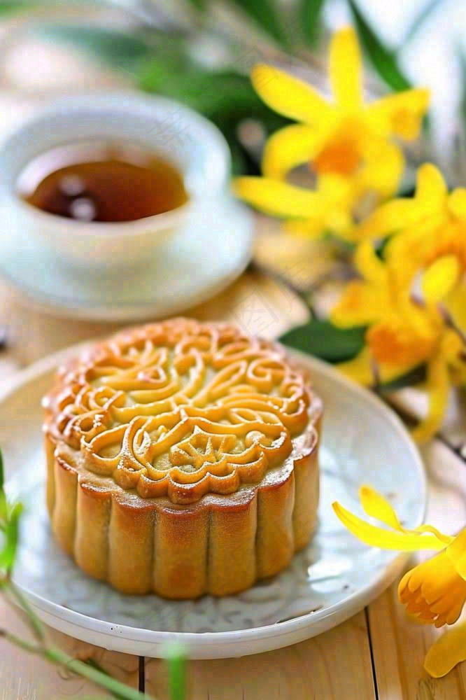 精美月饼中秋美食小清新鲜花装盘摄影图(896x1344)