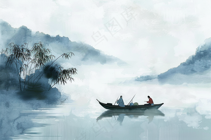 水墨山水画小船河面山川连绵国画插画背景(4032x2688)