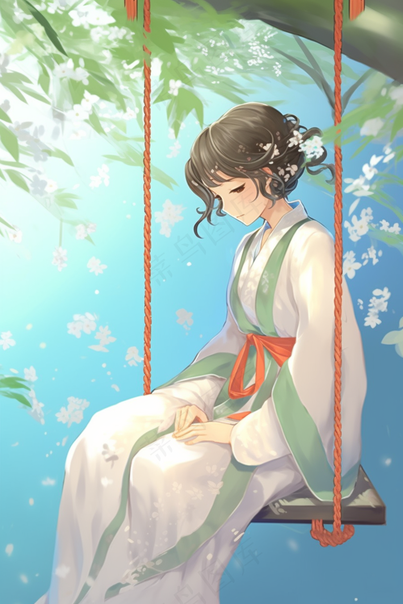 春天梨花树下秋千的少女古风汉服服饰卡通插画背景(2688x4032)