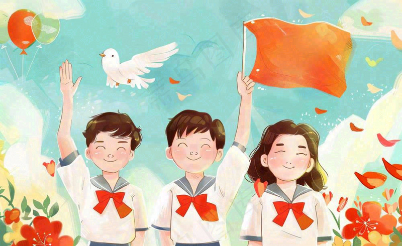 卡通红领巾学生举手旗帜和平鸽班长竞选祖国花朵国庆卡通插画背景(1408x864)