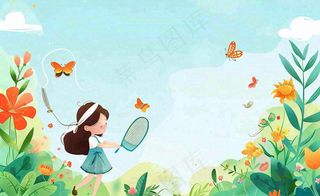 春天女孩在花丛里扑蝴蝶玩耍儿童节踏青春分插画背景