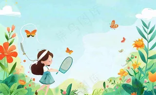 春天女孩在花丛里扑蝴蝶玩耍儿童节踏青春分插画背景