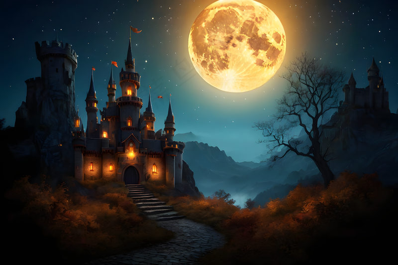 万圣节古堡月夜背景图插画图片