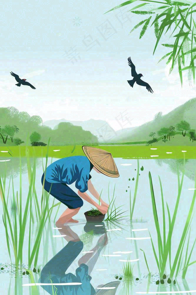 春耕农民种植水稻水田春雨燕子小满芒种春分卡通插画背景(896x1344)