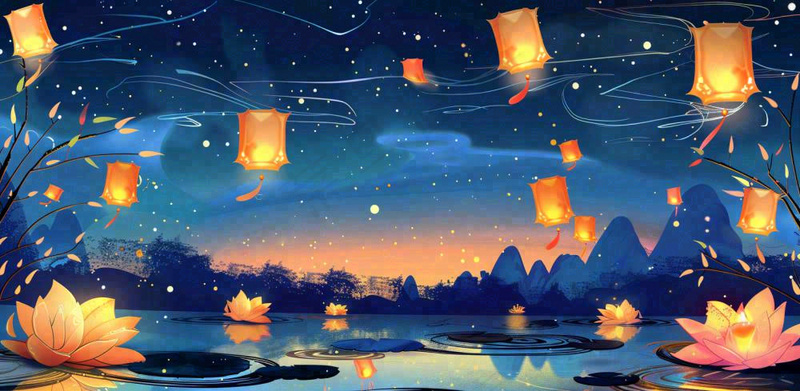 湖面花灯孔明灯风景夜晚荷花灯许愿灯放天灯中国风古风中元节寒衣节插画背景(1568x768)
