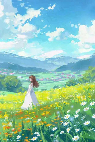 春夏花海里的少女美丽唯美小清新春分立夏夏至青春卡通插画背景