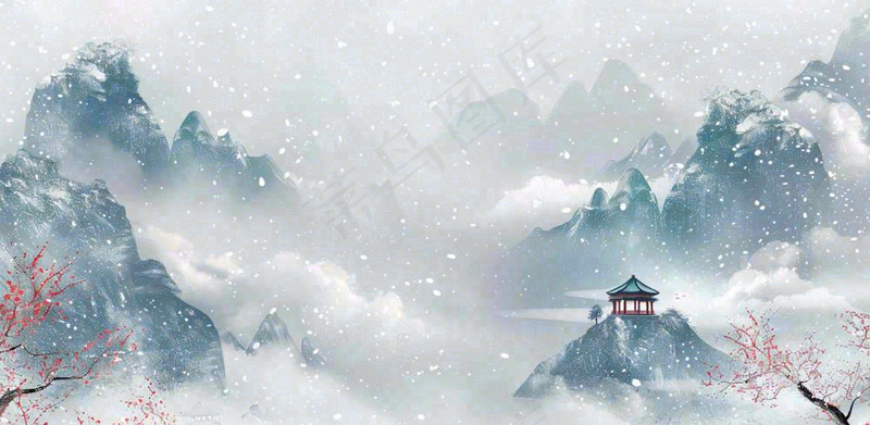 大寒冬天中国风水墨插画小寒冬季唯美雪景梅花插画背景(1568x768)