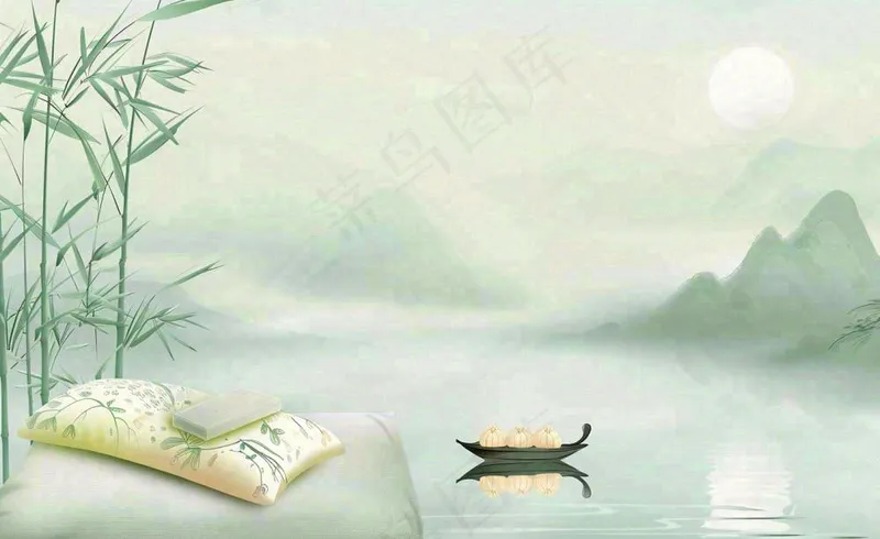 中国风古风山水画泛舟山竹青山清明端午时节清雅国画水墨画插画背景(1408x864)