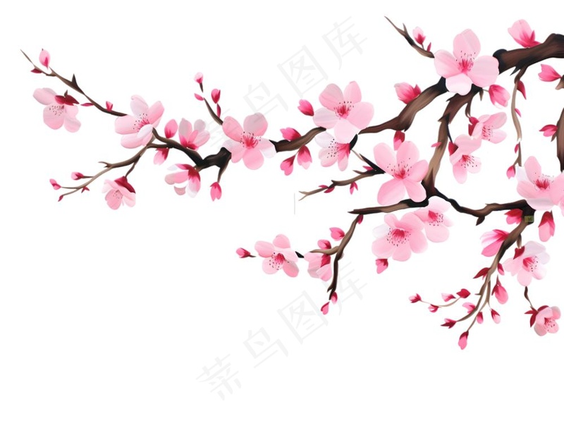 粉色樱花桃花枝条春天卡通插画免抠(1900x1418)